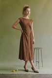 Ruched Waist Flare Suede Midi Dress in Mocha