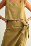 100% Linen Raw Hem Wide-Strap Tank Top in Olive