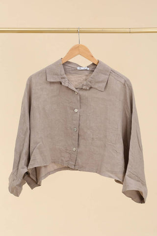100% Linen Collared Crop Shirt in Mole
