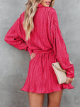 Pink Pleated Buckle Belt Drop Shoulder Shirt Mini Dress