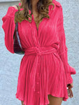 Pink Pleated Buckle Belt Drop Shoulder Shirt Mini Dress