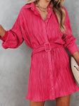 Pink Pleated Buckle Belt Drop Shoulder Shirt Mini Dress