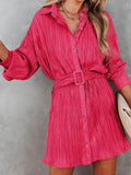 Pink Pleated Buckle Belt Drop Shoulder Shirt Mini Dress