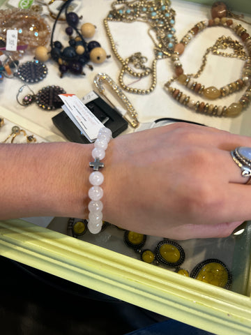 Charged Rose Quartz & Silver Elastic Bracelet