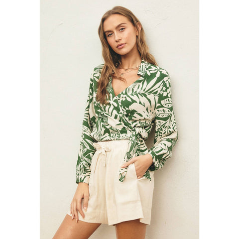 Green Wrap Collared Long Sleeve Top